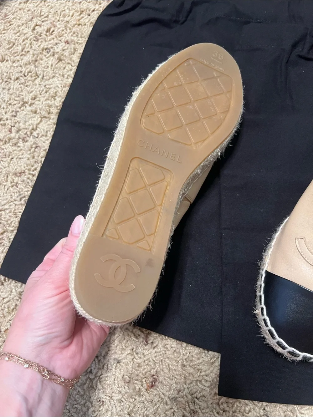 CHANEL Beige and Black Leather Espadrilles with CC Appliqué